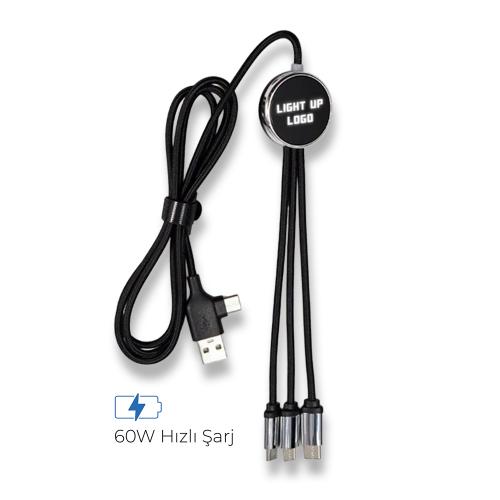 Işıklı Logo 60W Hızlı Type-C Uçlu Data Transferli Şarj Kablosu